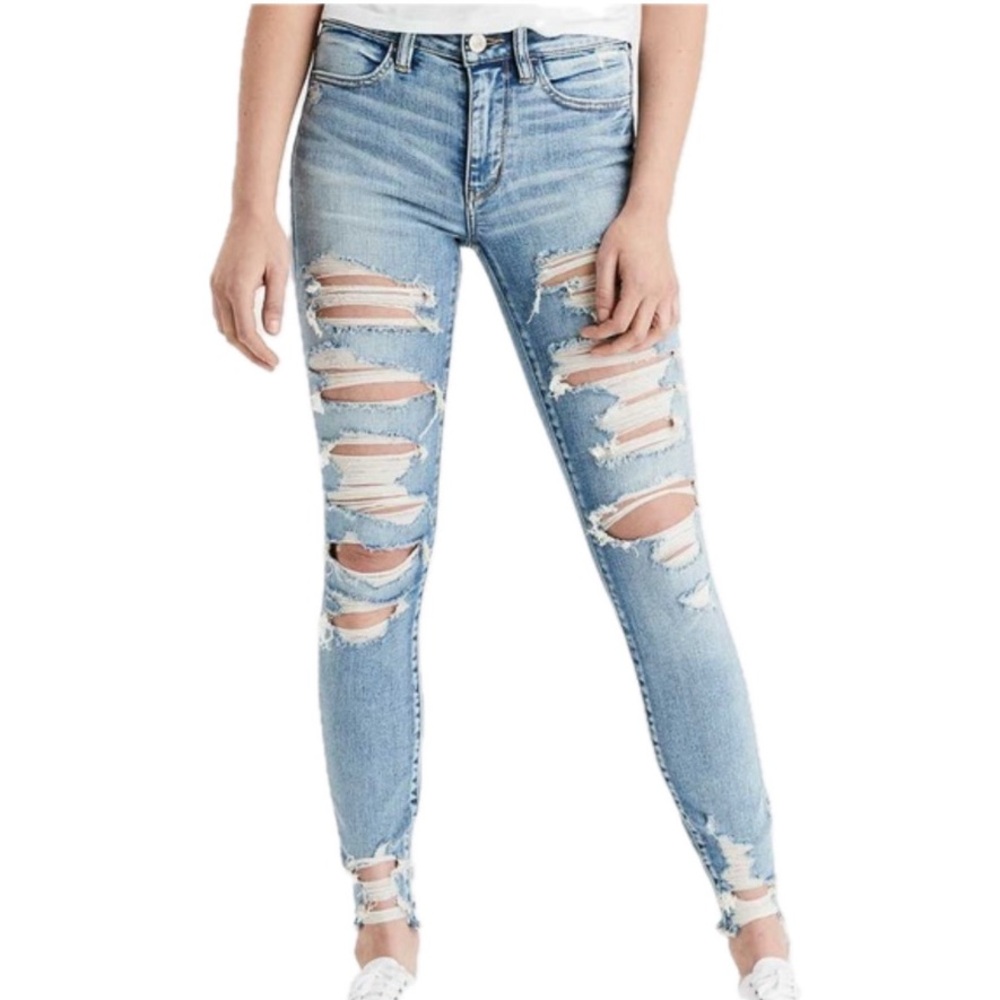 AMERICAN EAGLE SIZE 4 DISTRESSED BLUE HIGH-WAISTED JEGGING